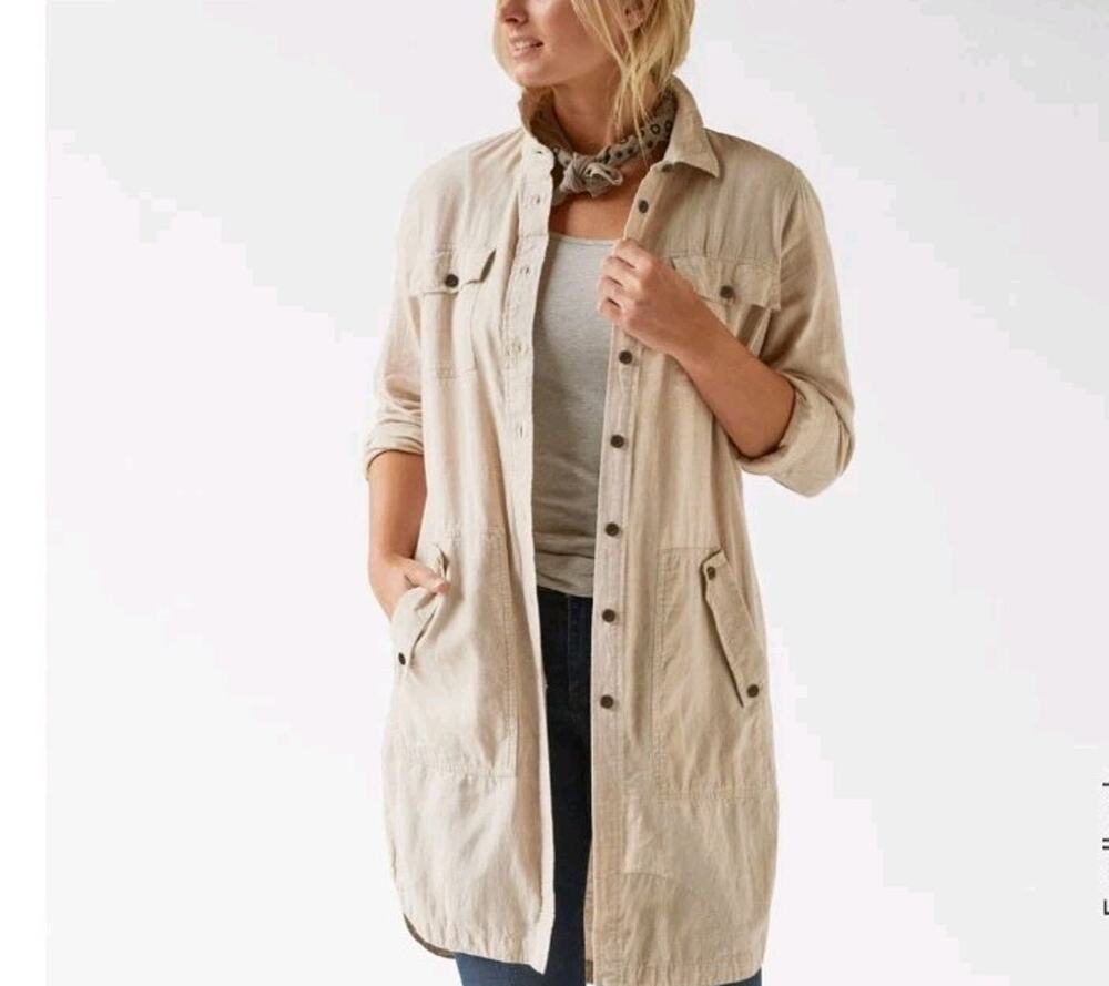 Duluth Trading Co Womens Small Hemp Blend Duster Shirt Jacket Tunic Tan 13604